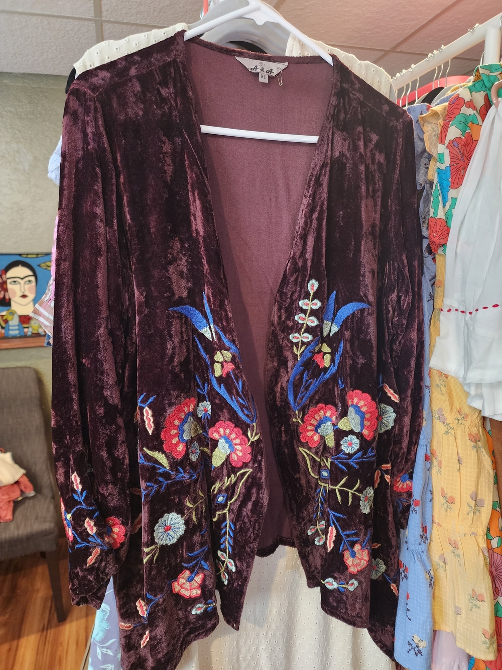 NWOT Velvet Open Cardigan with Floral Embroidery